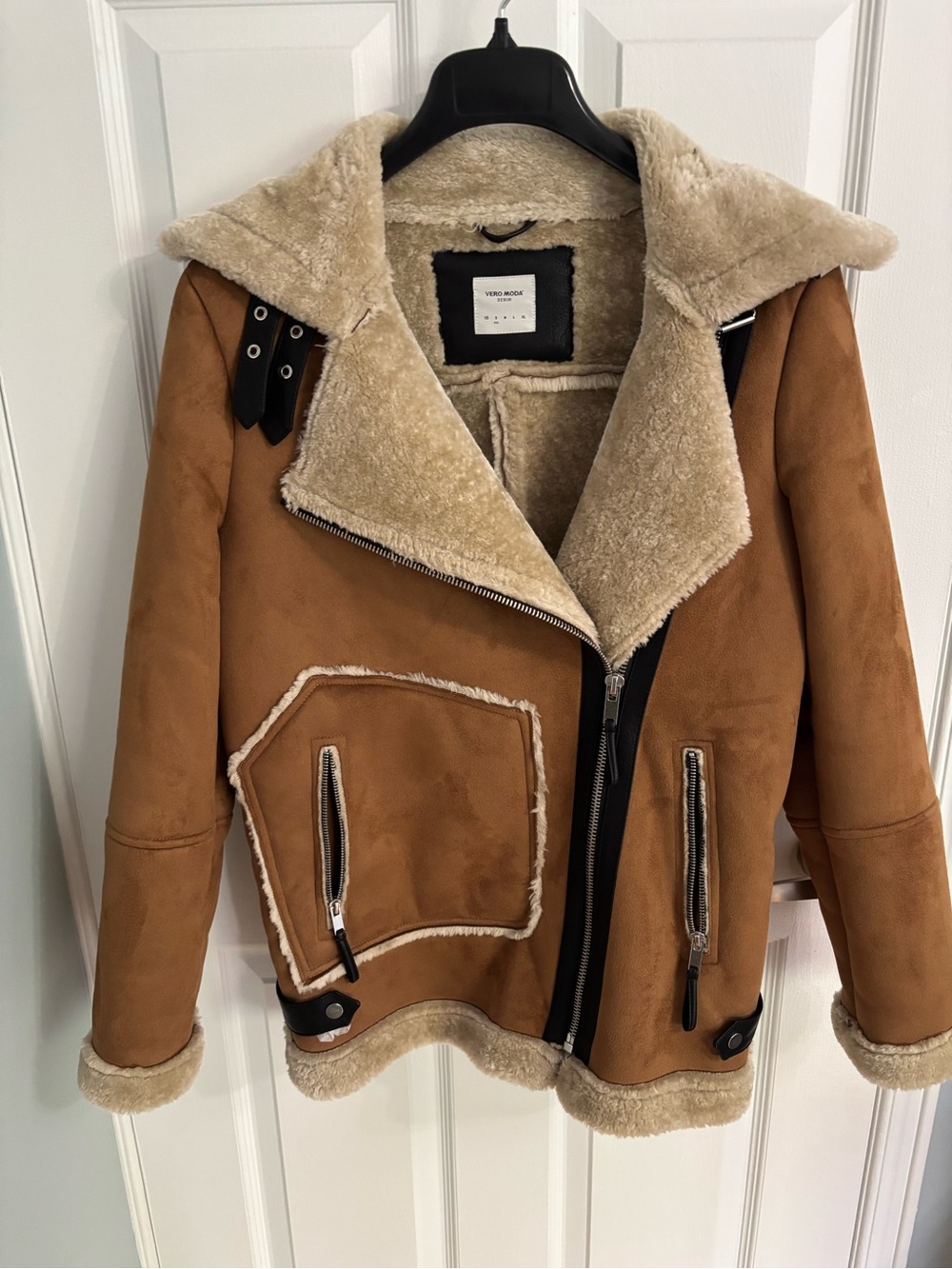 Vero Moda Tan Faux Shearling Moto Jacket